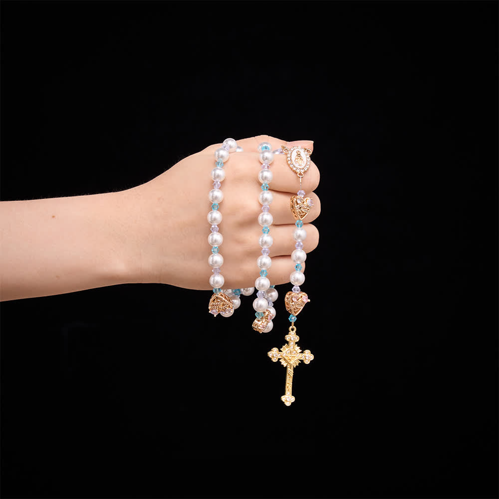 Christianartworkshop Rosario brillante de imitación de perlas con dijes de corazón de cisne de diamantes de imitación, medalla de la Virgen María y crucifijo enjoyado. - image 1