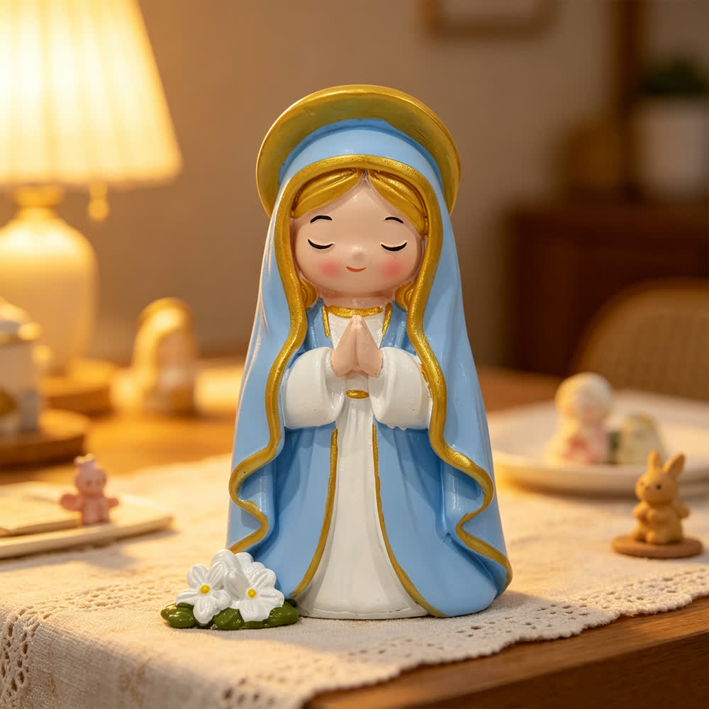 Christianartworkshop Figura de resina pintada a mano de la Virgen María rezando con los ojos cerrados, estilo chibi, con base floral. - Virgen María al estilo Q - image 0