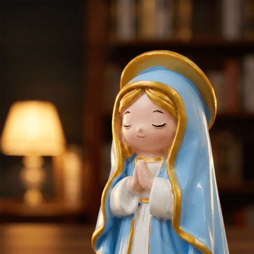 Christianartworkshop Figura de resina pintada a mano de la Virgen María rezando con los ojos cerrados, estilo chibi, con base floral. - image 1