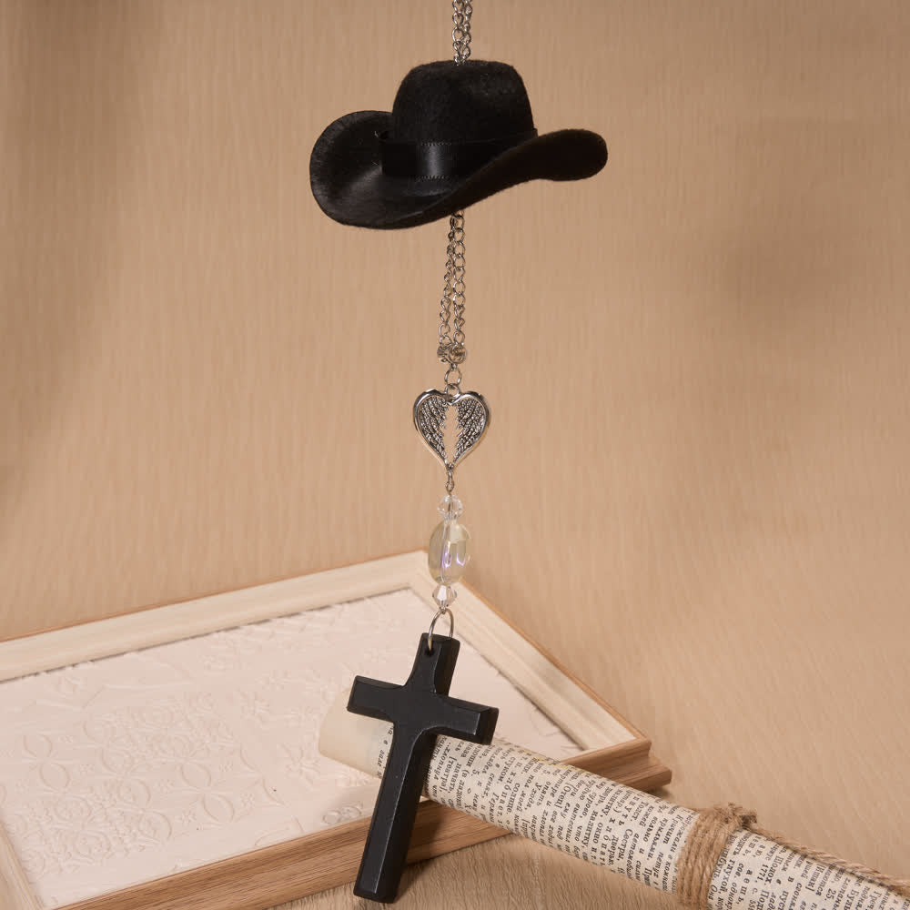 Christianartworkshop Colgante de madera con cruz y alas de ángel y sombrero de vaquero para coche: símbolo atemporal de fiel protección celestial. - image 7