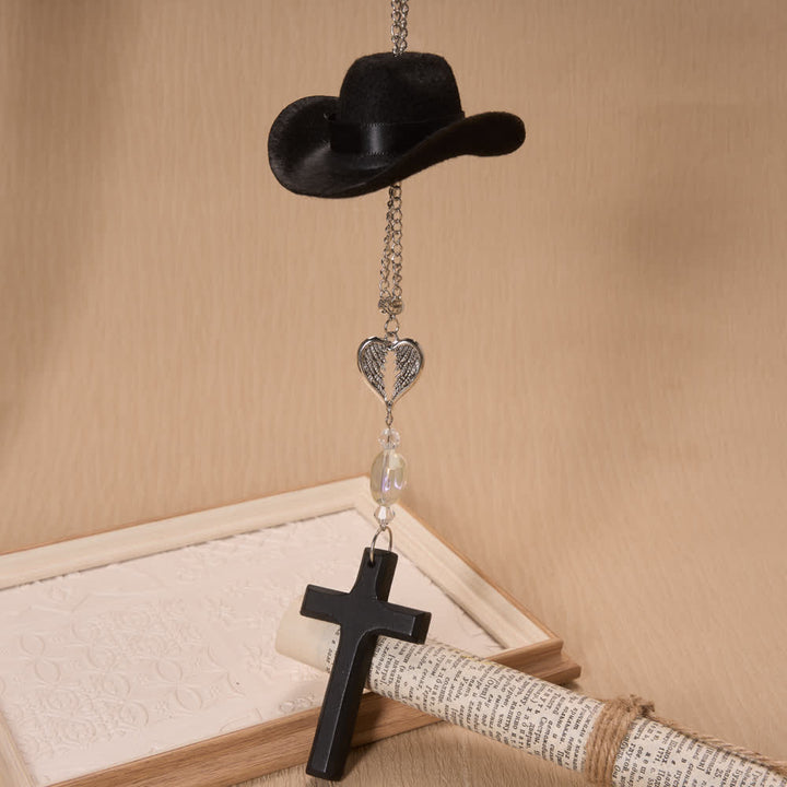 Christianartworkshop Colgante de madera con cruz y alas de ángel y sombrero de vaquero para coche: símbolo atemporal de fiel protección celestial. - image 7