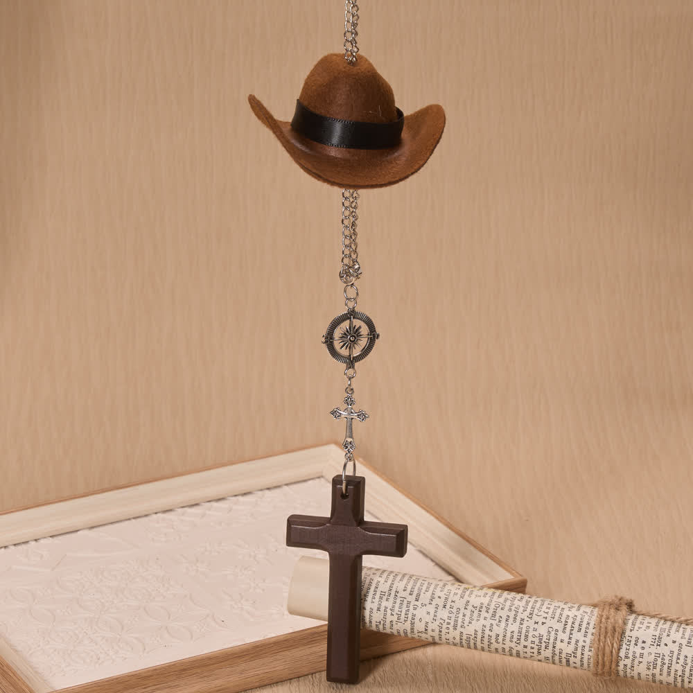 Christianartworkshop Colgante de madera con cruz y brújula en forma de sombrero de vaquero para coche: símbolo atemporal de guía celestial constante. - image 7