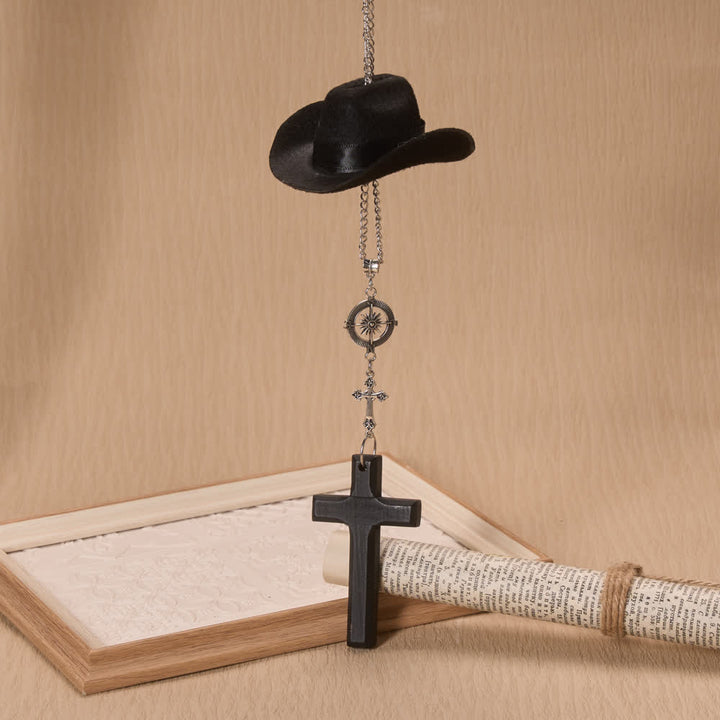 Christianartworkshop Colgante de madera con cruz y brújula en forma de sombrero de vaquero para coche: símbolo atemporal de guía celestial constante. - image 1