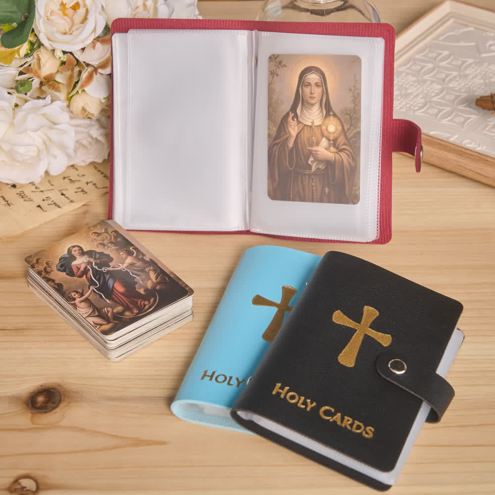 Christianartworkshop Álbum de estampas religiosas de piel multicolor con forma de cruz y paquetes de 54 estampas con retratos de santos. - image 0