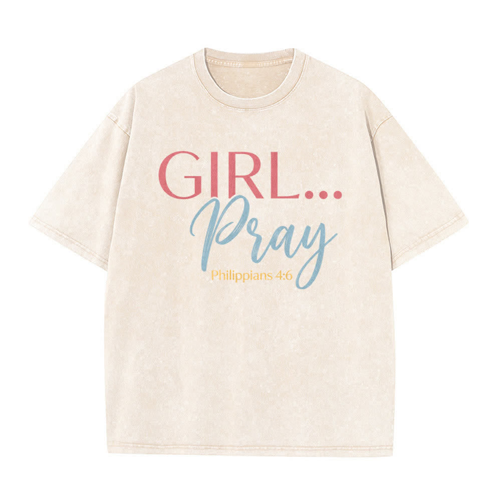 Christianartworkshop Camiseta casual lavada con estampado frontal de estilo vintage y la frase "Niña orando" (Filipenses 4:6). - Beige - 5XL - image 0