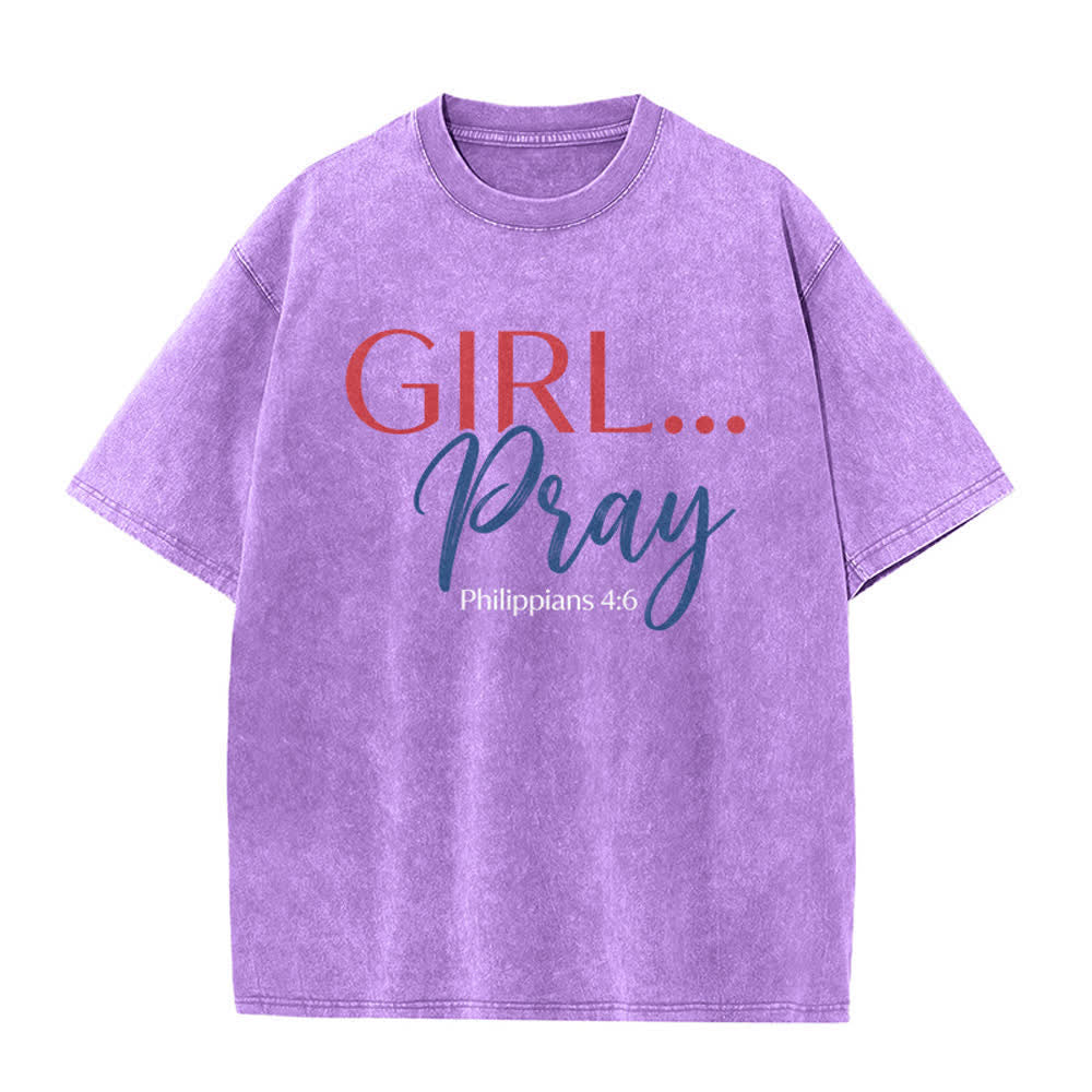 Christianartworkshop Camiseta casual lavada con estampado frontal de estilo vintage y la frase "Niña orando" (Filipenses 4:6). - Púrpura - 5XL - image 1