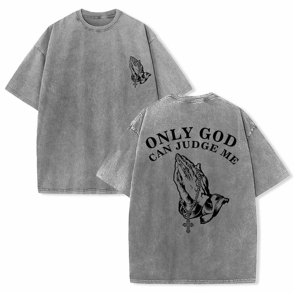 Christianartworkshop Camiseta vintage lavada con estampado de doble cruz y manos rezando con rosario y manos. Solo Dios puede juzgarme. - Gris - 5XL - image 0