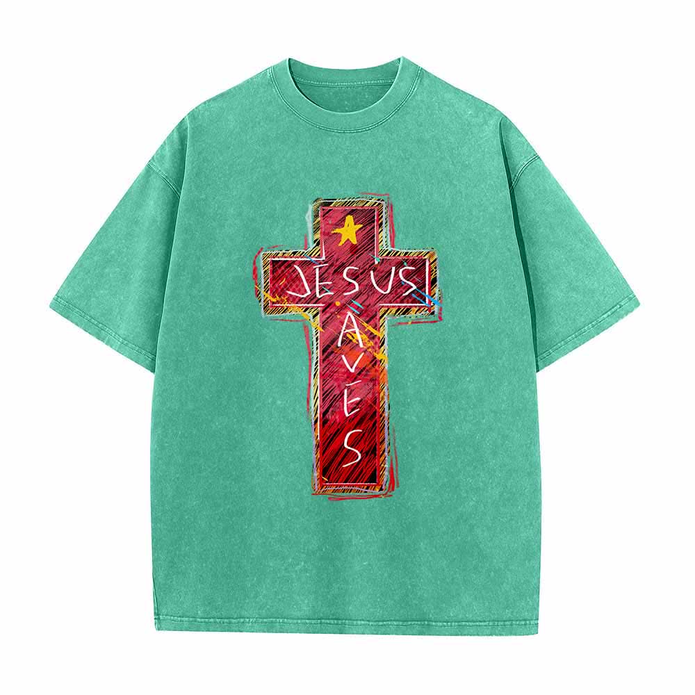 Christianartworkshop Camiseta extragrande lavada con estampado de cruz roja vibrante y la inscripción "Jesús salva", además de una estrella. - Verde - 5XL - image 3