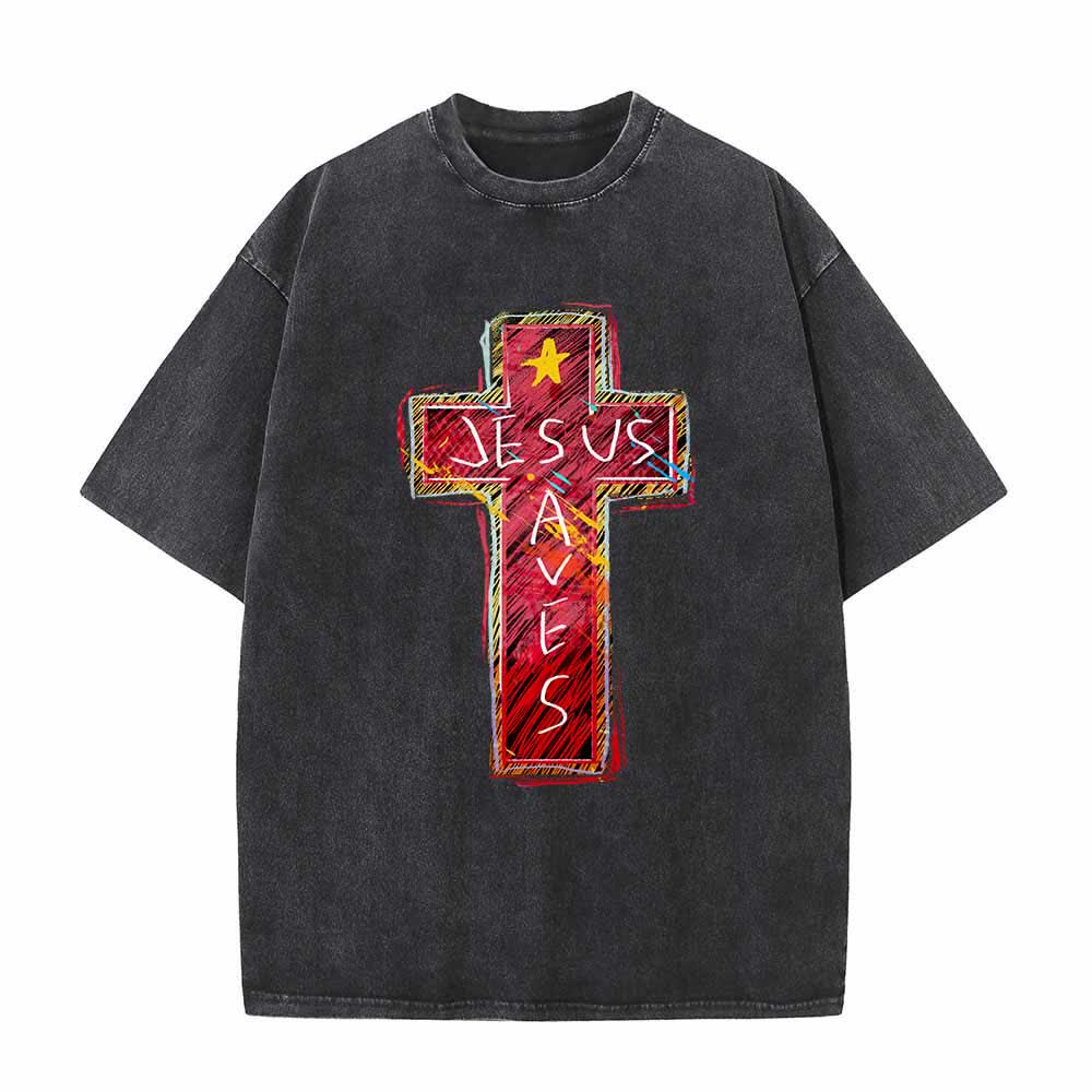 Christianartworkshop Camiseta extragrande lavada con estampado de cruz roja vibrante y la inscripción "Jesús salva", además de una estrella. - Negro - 5XL - image 4