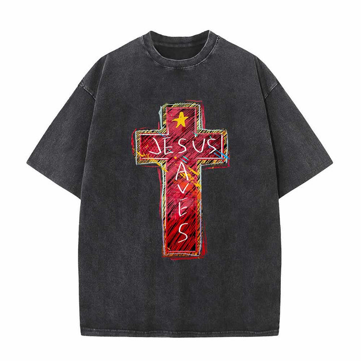 Christianartworkshop Camiseta extragrande lavada con estampado de cruz roja vibrante y la inscripción "Jesús salva", además de una estrella. - Negro - 5XL - image 4