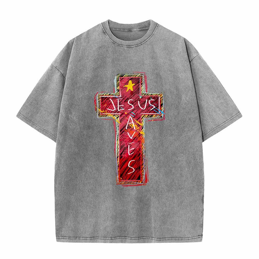 Christianartworkshop Camiseta extragrande lavada con estampado de cruz roja vibrante y la inscripción "Jesús salva", además de una estrella. - Gris - 5XL - image 2