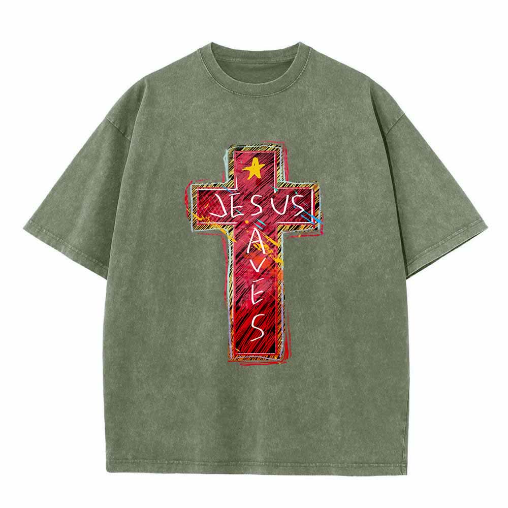 Christianartworkshop Camiseta extragrande lavada con estampado de cruz roja vibrante y la inscripción "Jesús salva", además de una estrella. - Verde militar - 5XL - image 8