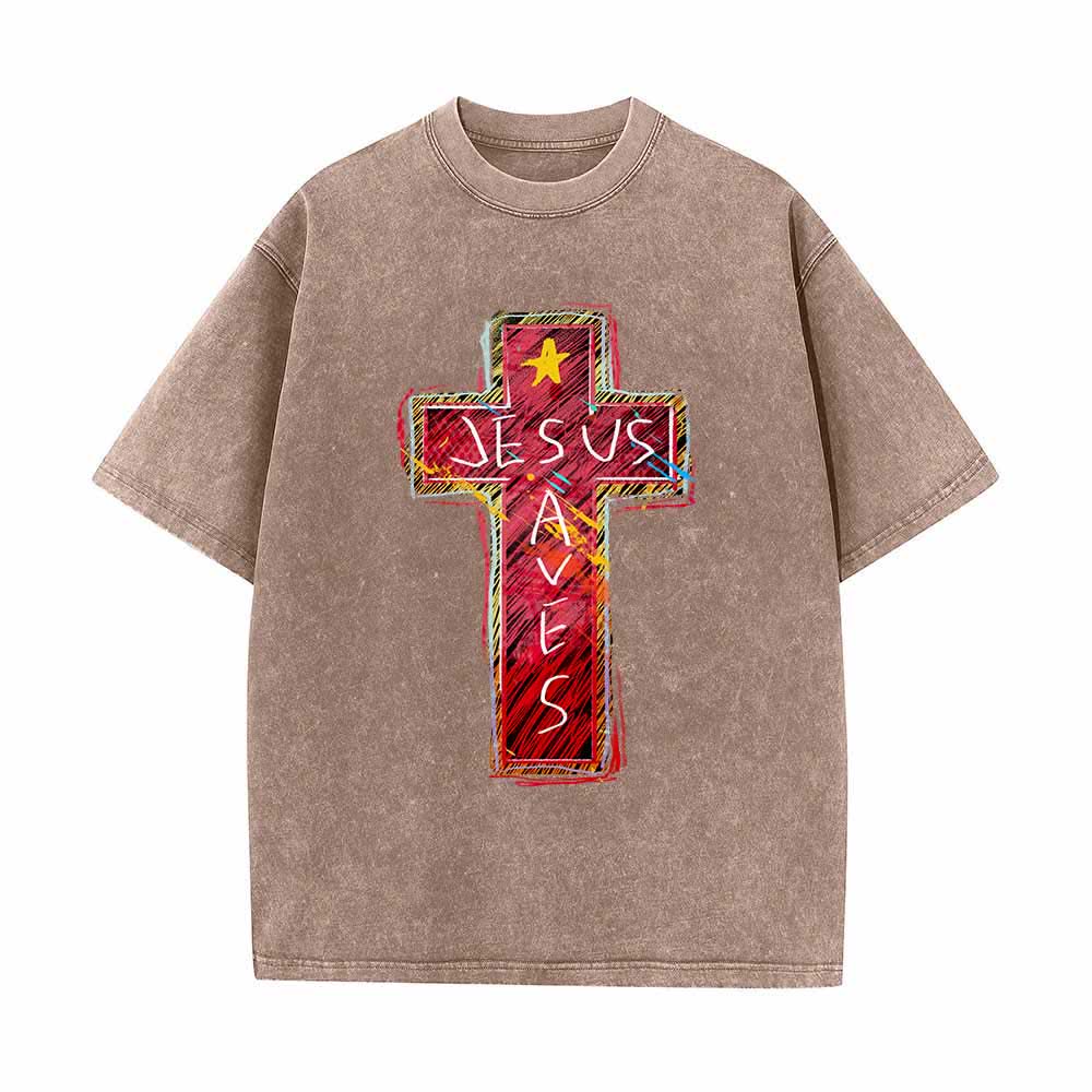 Christianartworkshop Camiseta extragrande lavada con estampado de cruz roja vibrante y la inscripción "Jesús salva", además de una estrella. - Marrón - 5XL - image 1