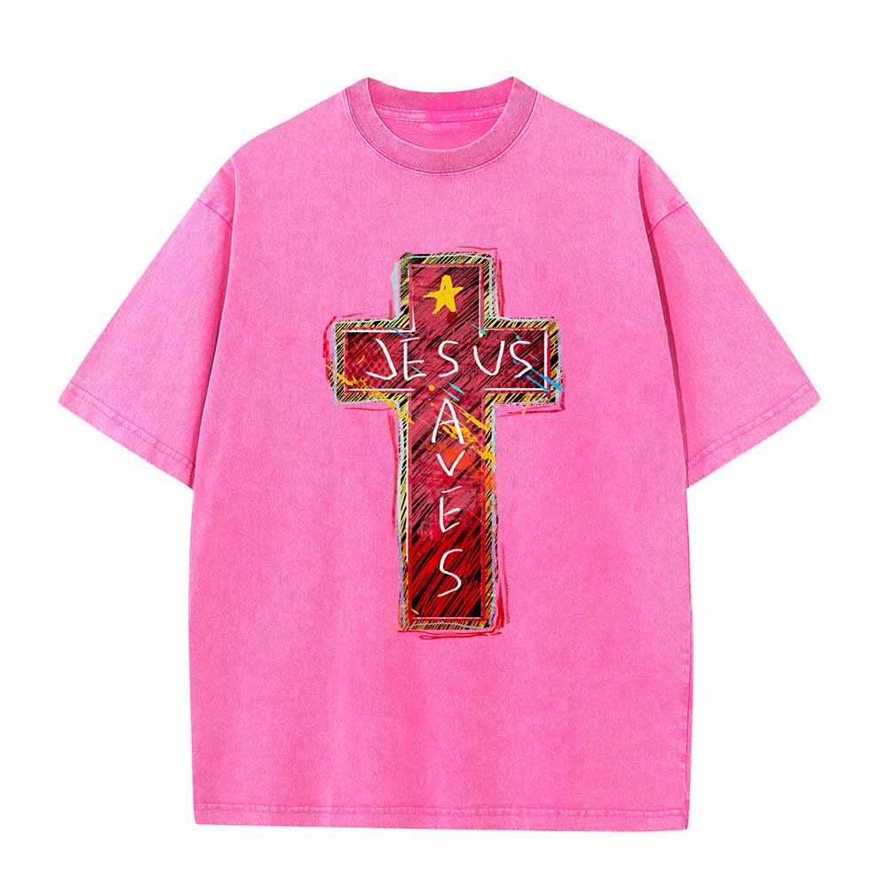 Christianartworkshop Camiseta extragrande lavada con estampado de cruz roja vibrante y la inscripción "Jesús salva", además de una estrella. - Rosa - 5XL - image 7
