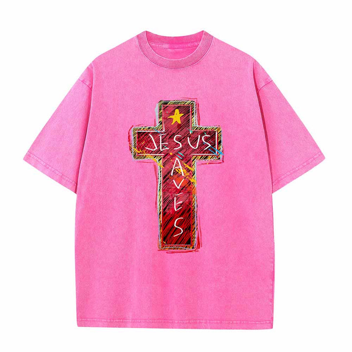 Christianartworkshop Camiseta extragrande lavada con estampado de cruz roja vibrante y la inscripción "Jesús salva", además de una estrella. - Rosa - 5XL - image 7