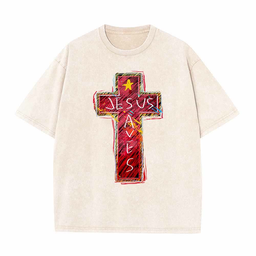 Christianartworkshop Camiseta extragrande lavada con estampado de cruz roja vibrante y la inscripción "Jesús salva", además de una estrella. - Beige - 5XL - image 5