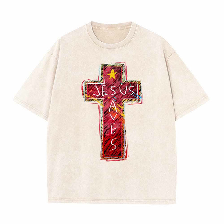 Christianartworkshop Camiseta extragrande lavada con estampado de cruz roja vibrante y la inscripción "Jesús salva", además de una estrella. - Beige - 5XL - image 5