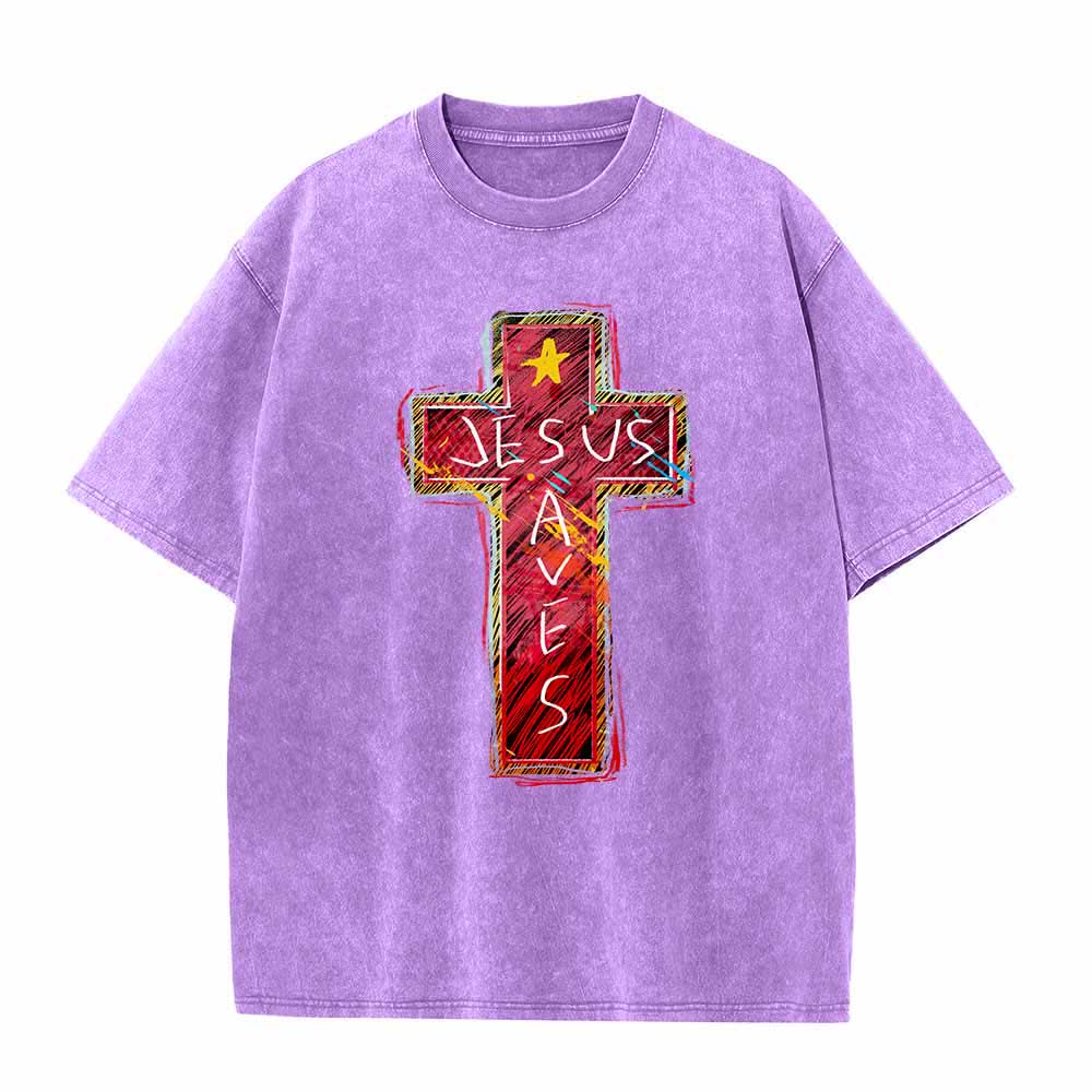 Christianartworkshop Camiseta extragrande lavada con estampado de cruz roja vibrante y la inscripción "Jesús salva", además de una estrella. - Púrpura - 5XL - image 6