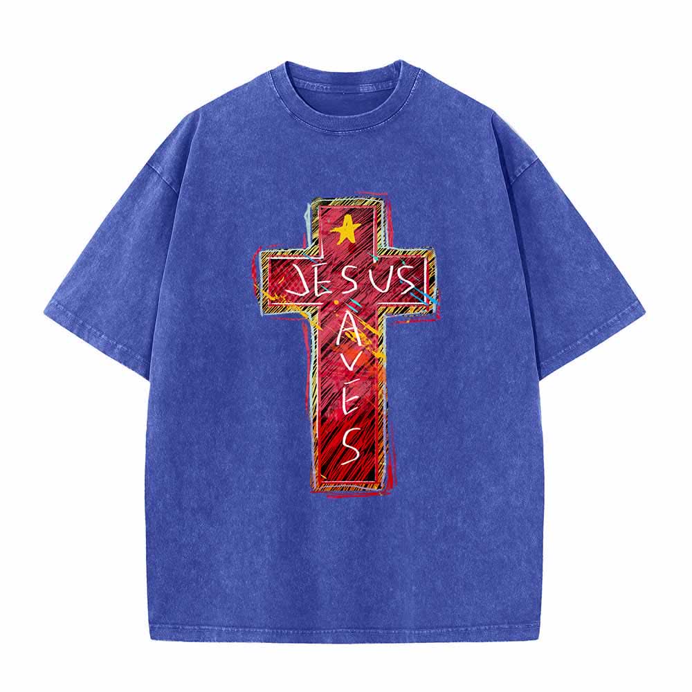Christianartworkshop Camiseta extragrande lavada con estampado de cruz roja vibrante y la inscripción "Jesús salva", además de una estrella. - Azul - 5XL - image 0