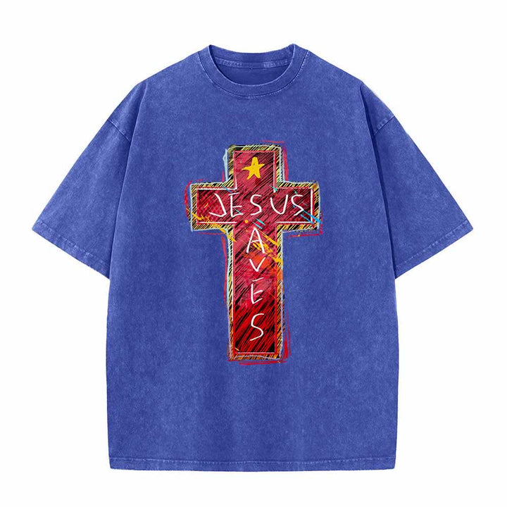 Christianartworkshop Camiseta extragrande lavada con estampado de cruz roja vibrante y la inscripción "Jesús salva", además de una estrella. - Azul - 5XL - image 0