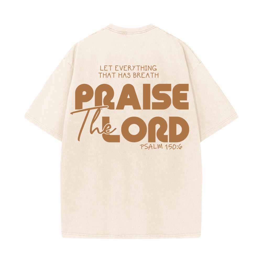 Christianartworkshop Alabado sea el Señor Salmo 150:6 Mini estampado en el pecho delantero Texto grande en la espalda Camiseta de doble cara lavada - image 22