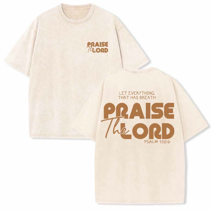 Christianartworkshop Alabado sea el Señor Salmo 150:6 Mini estampado en el pecho delantero Texto grande en la espalda Camiseta de doble cara lavada - Beige - 5XL - image 21