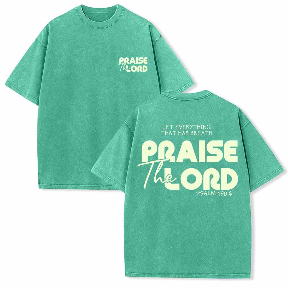 Christianartworkshop Alabado sea el Señor Salmo 150:6 Mini estampado en el pecho delantero Texto grande en la espalda Camiseta de doble cara lavada - Verde - 5XL - image 15