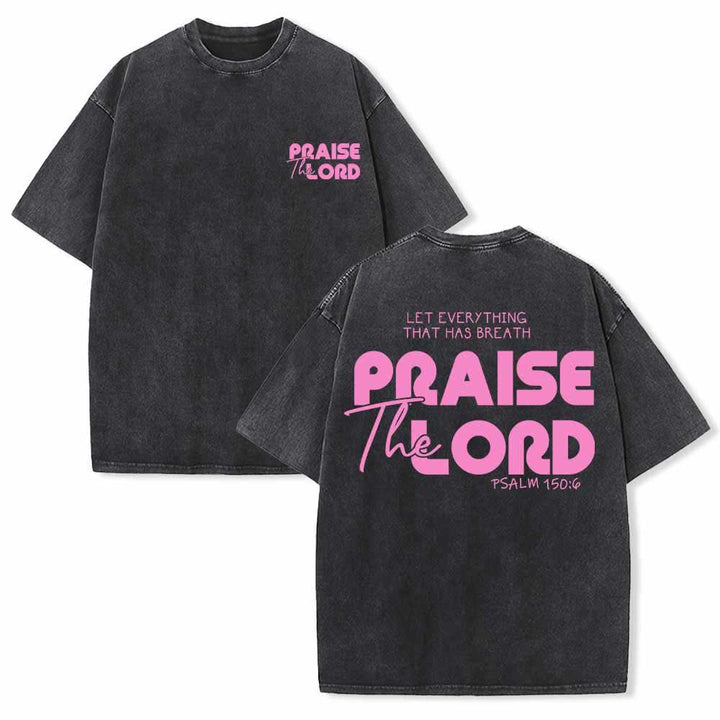 Christianartworkshop Alabado sea el Señor Salmo 150:6 Mini estampado en el pecho delantero Texto grande en la espalda Camiseta de doble cara lavada - Negro - 5XL - image 18