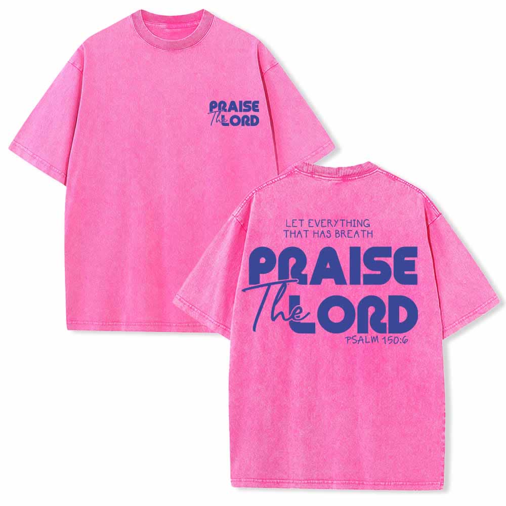 Christianartworkshop Alabado sea el Señor Salmo 150:6 Mini estampado en el pecho delantero Texto grande en la espalda Camiseta de doble cara lavada - Rosa - 5XL - image 0