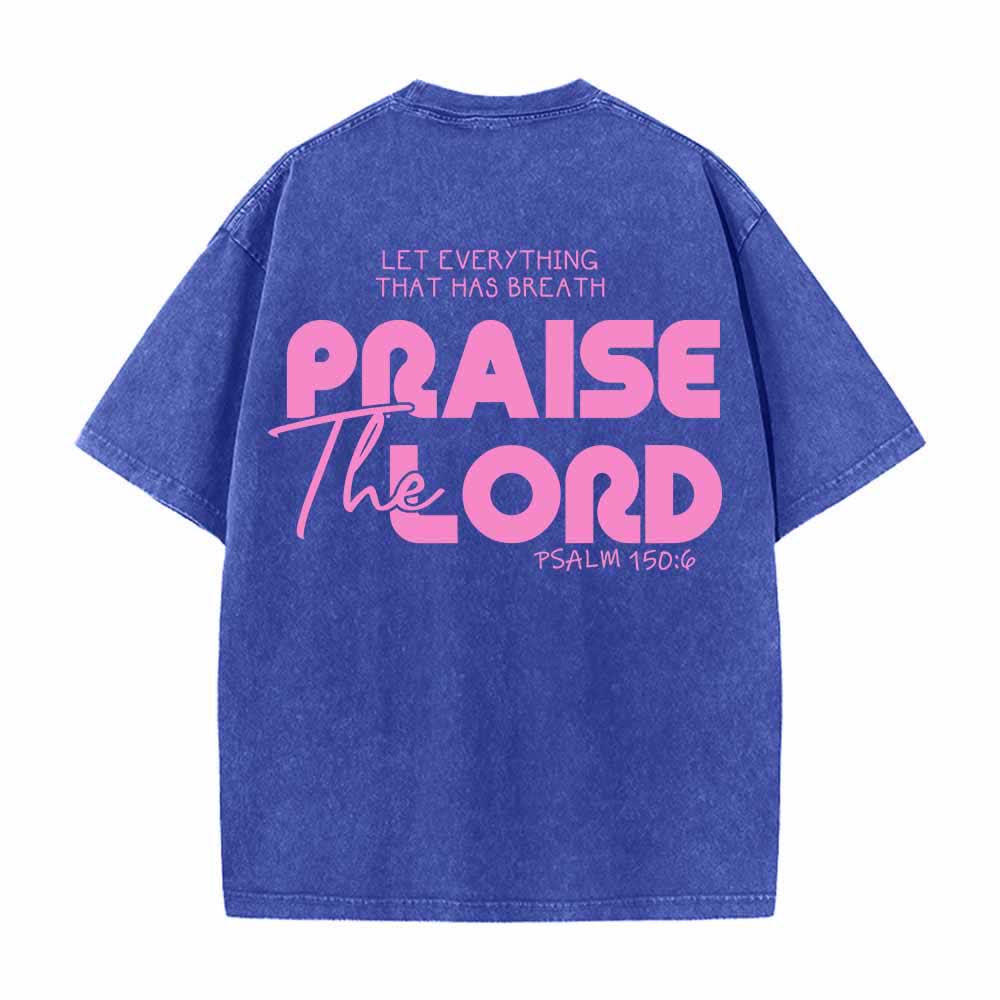 Christianartworkshop Alabado sea el Señor Salmo 150:6 Mini estampado en el pecho delantero Texto grande en la espalda Camiseta de doble cara lavada - image 7