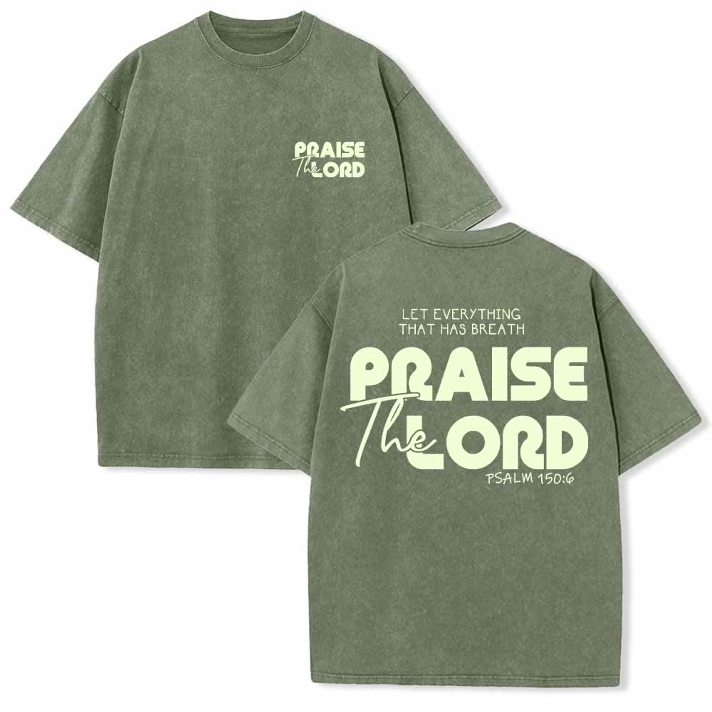 Christianartworkshop Alabado sea el Señor Salmo 150:6 Mini estampado en el pecho delantero Texto grande en la espalda Camiseta de doble cara lavada - Verde militar - 5XL - image 3