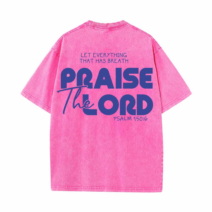 Christianartworkshop Alabado sea el Señor Salmo 150:6 Mini estampado en el pecho delantero Texto grande en la espalda Camiseta de doble cara lavada - image 1