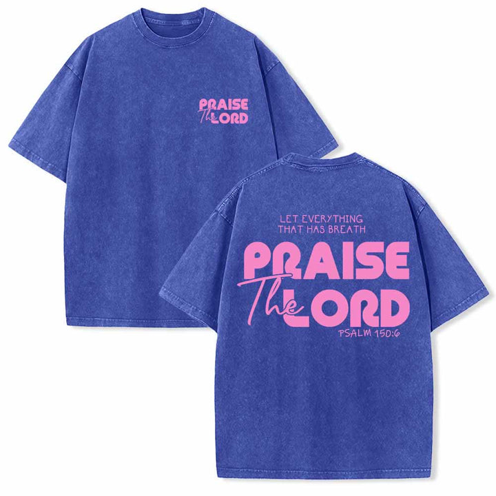 Christianartworkshop Alabado sea el Señor Salmo 150:6 Mini estampado en el pecho delantero Texto grande en la espalda Camiseta de doble cara lavada - Azul - 5XL - image 6