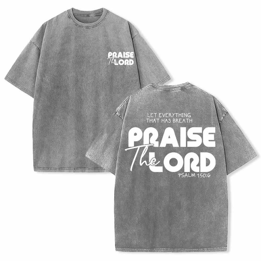 Christianartworkshop Alabado sea el Señor Salmo 150:6 Mini estampado en el pecho delantero Texto grande en la espalda Camiseta de doble cara lavada - Gris - 5XL - image 12