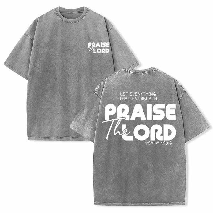 Christianartworkshop Alabado sea el Señor Salmo 150:6 Mini estampado en el pecho delantero Texto grande en la espalda Camiseta de doble cara lavada - Gris - 5XL - image 12
