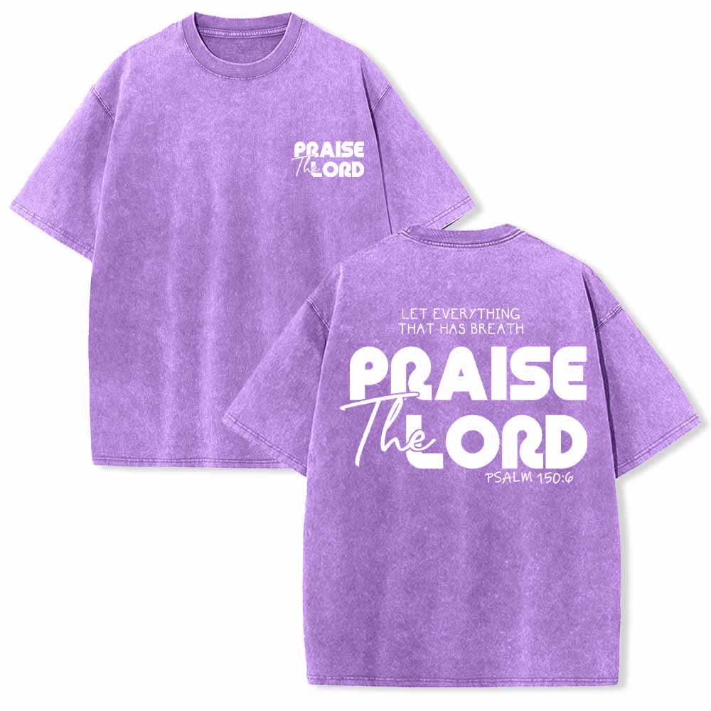 Christianartworkshop Alabado sea el Señor Salmo 150:6 Mini estampado en el pecho delantero Texto grande en la espalda Camiseta de doble cara lavada - Púrpura - 5XL - image 24