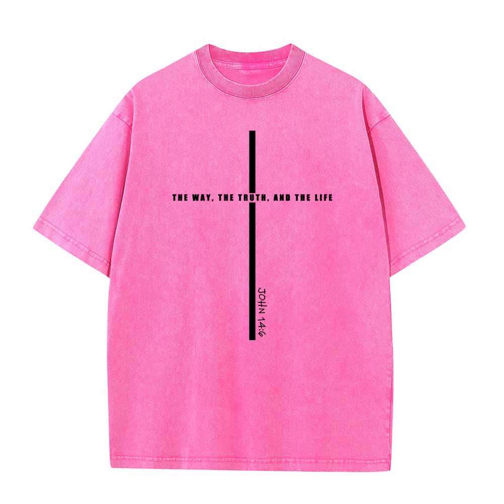 Christianartworkshop Camiseta lavada con estampado frontal de línea fina minimalista "Cruza el camino, la verdad y la vida" Juan 14:6 - Rosa - 5XL - image 1