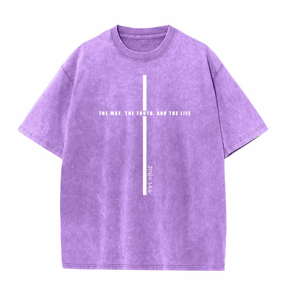 Christianartworkshop Camiseta lavada con estampado frontal de línea fina minimalista "Cruza el camino, la verdad y la vida" Juan 14:6 - Púrpura - 5XL - image 0