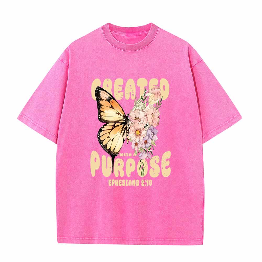 Christianartworkshop Camiseta lavada con estampado frontal de mariposa monarca y flores silvestres en tonos pastel de Efesios 2:10, creada con un propósito. - Rosa - 5XL - image 0