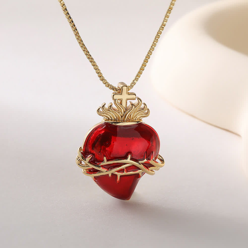 Christianartworkshop Collar con colgante de caja con forma de corazón sagrado en esmalte rojo brillante y adornos de varios estilos: emblema del amor celestial infinito. - Espina - image 1