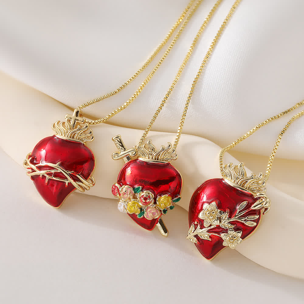 Christianartworkshop Collar con colgante de caja con forma de corazón sagrado en esmalte rojo brillante y adornos de varios estilos: emblema del amor celestial infinito. - image 0