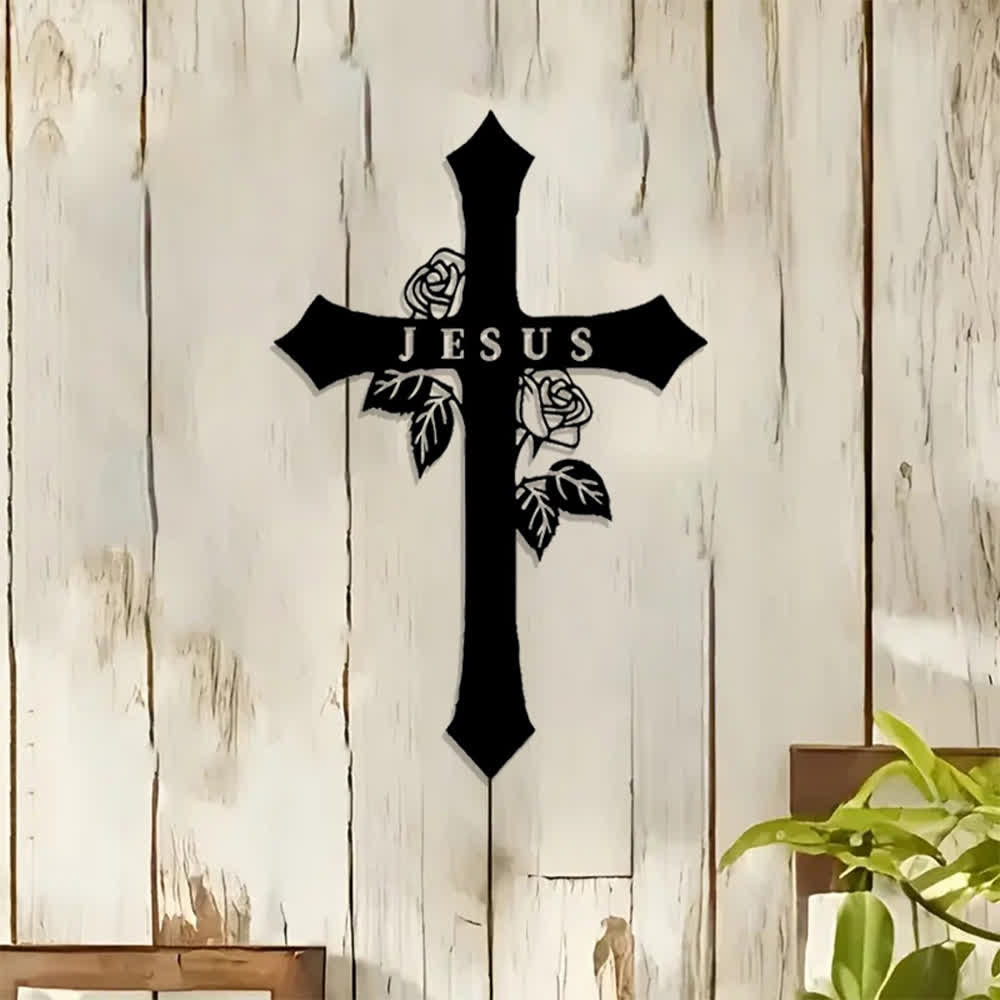Christianartworkshop Cruz Sagrada de Rosas con la Inscripción JESÚS en Letras, Decoración de Pared Metálica: Símbolo del Amor Divino Eterno - image 0