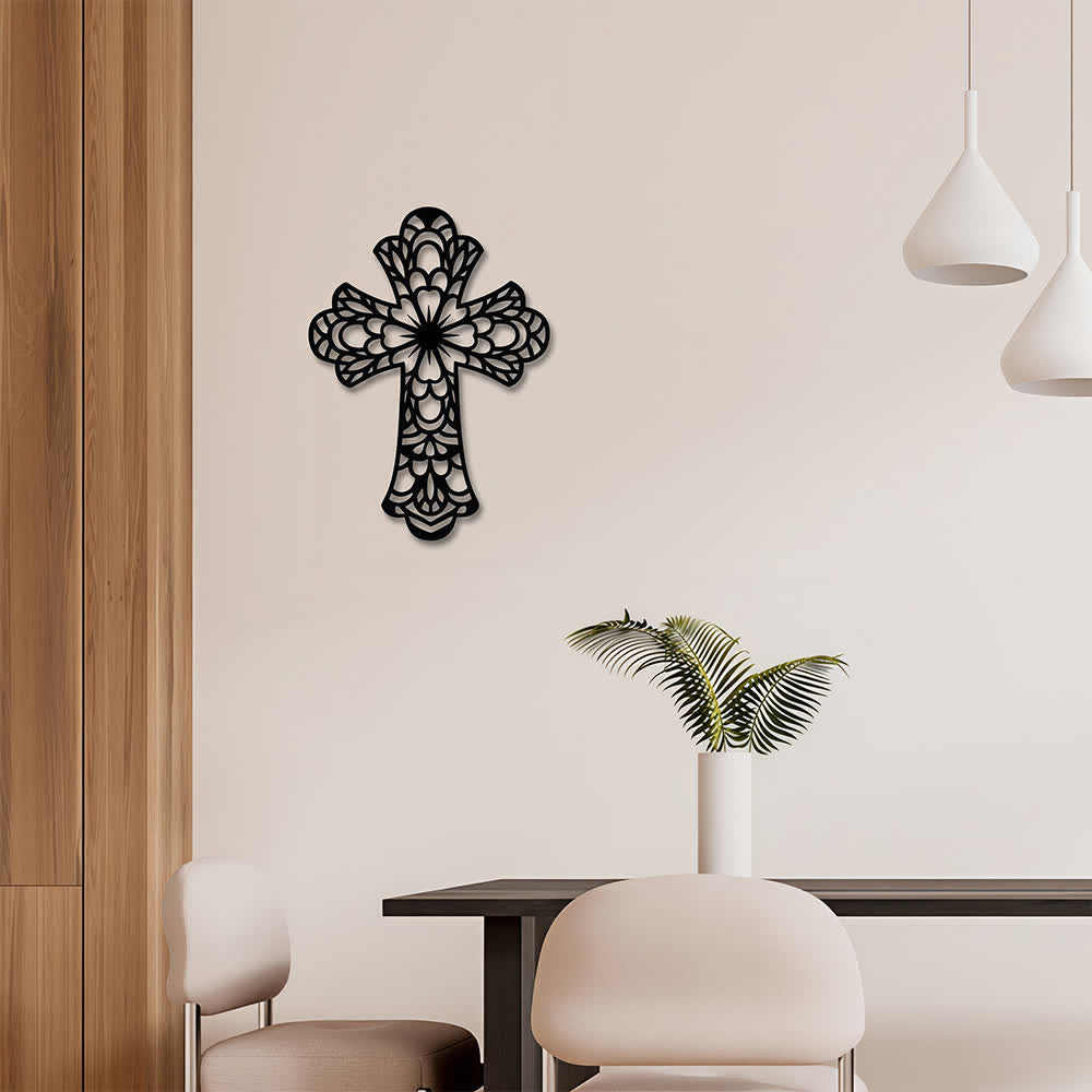 Christianartworkshop Intrincado mandala floral con cruz sagrada, decoración de pared de metal: símbolo de la delicada belleza divina. - image 1