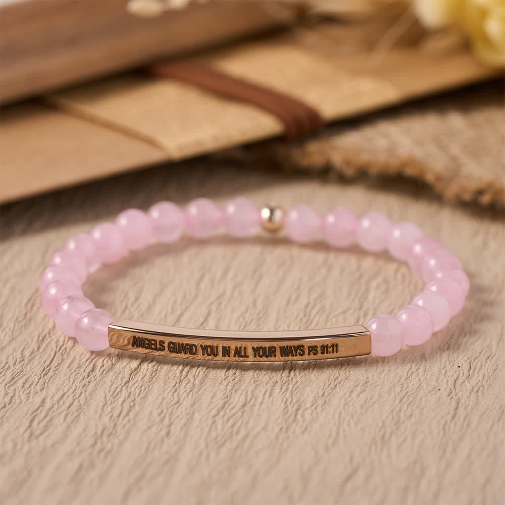 Christianartworkshop Pulsera elástica con barra curva grabada y cuentas, con el versículo del Salmo 91:11: «Los ángeles te guardan en todos tus caminos». - Los ángeles te protegen en todos tus caminos. - image 0