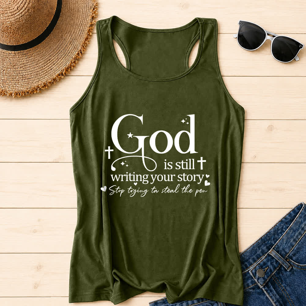 Christianartworkshop Dios sigue escribiendo tu historia. Camiseta sin mangas deportiva cristiana con espalda cruzada. - Verde militar - 2XL - image 18