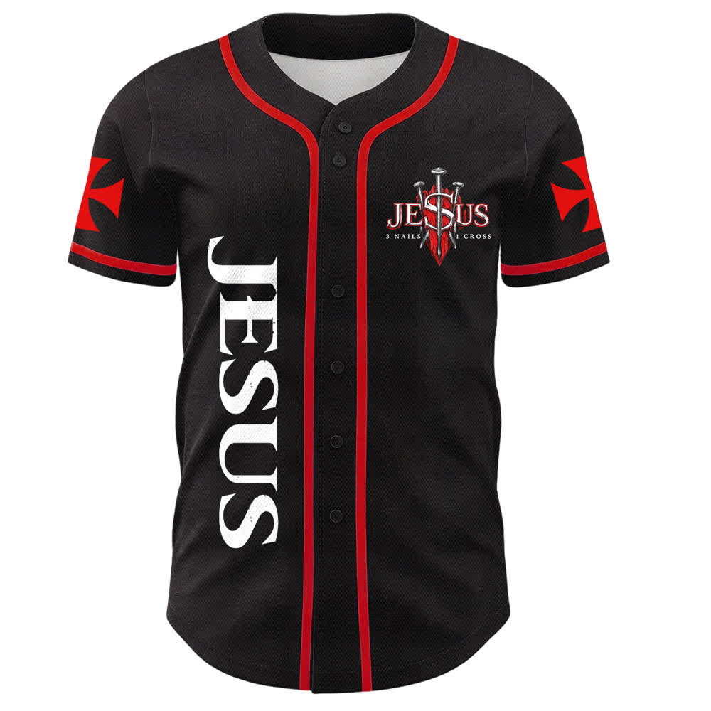 Christianartworkshop Camiseta de béisbol con botones y emblema de la Cruz de Jesús vertical en la parte delantera y retrato del León de Judá con rayo en la parte trasera. - image 1