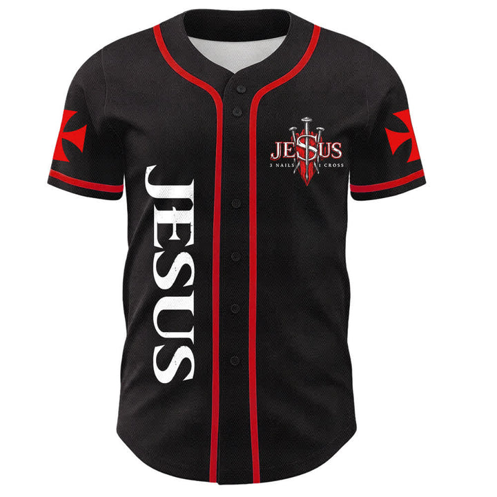 Christianartworkshop Parte delantera vertical Jesús Clavo Cruz Emblema Parte trasera Rayo León de Judá Retrato Camiseta de béisbol abotonada - image 1