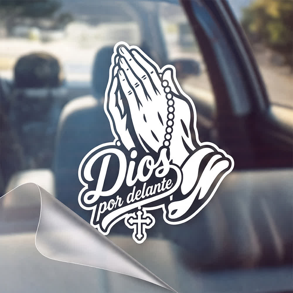 Christianartworkshop Pegatina para coche de manos rezando con rosario Dios Por Delante - Blanco - Juego de 20 - image 0