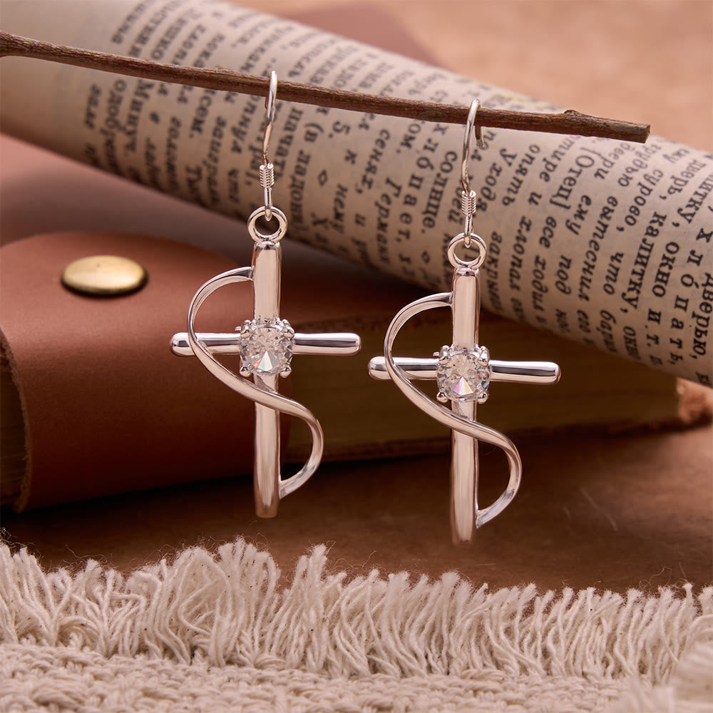 Christianartworkshop Pendientes de gancho con cruz de circonita envuelta en bucle infinito: emblema del amor celestial eterno. - Plata - image 0