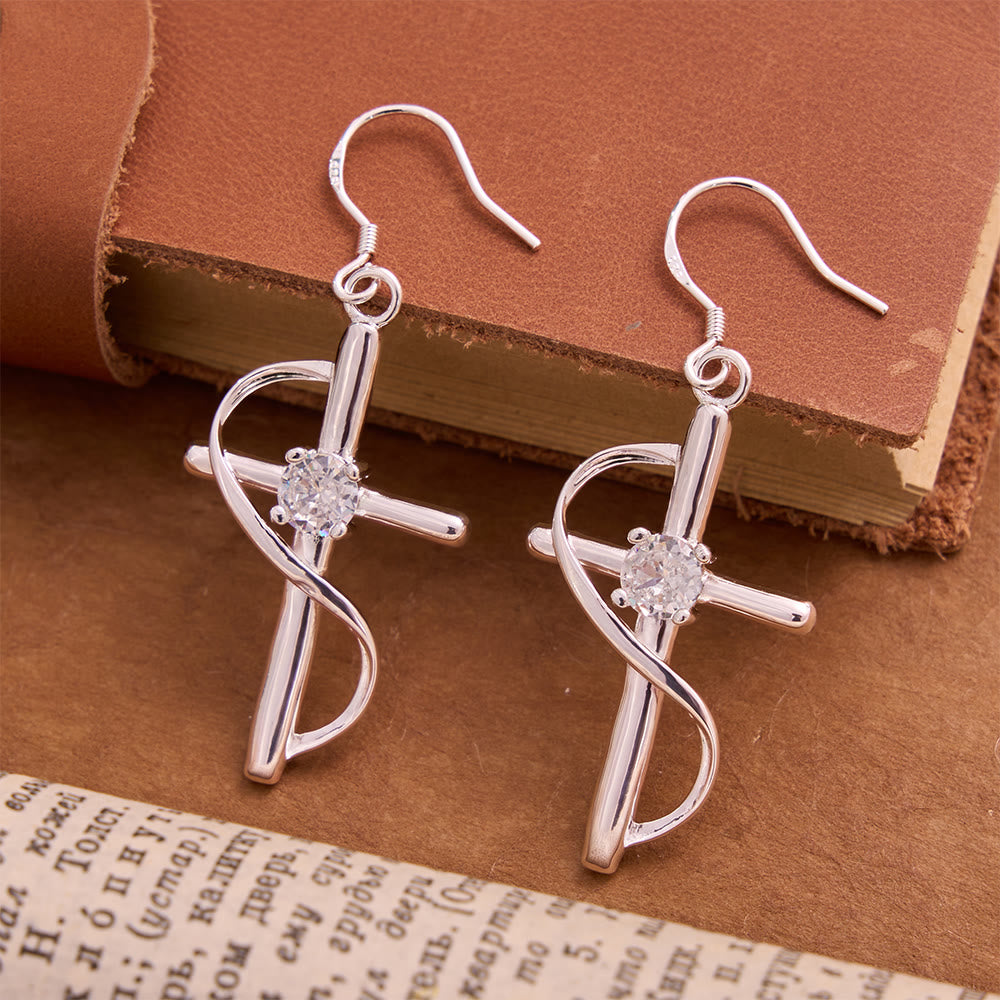 Christianartworkshop Pendientes de gancho con cruz de circonita envuelta en bucle infinito: emblema del amor celestial eterno. - image 1